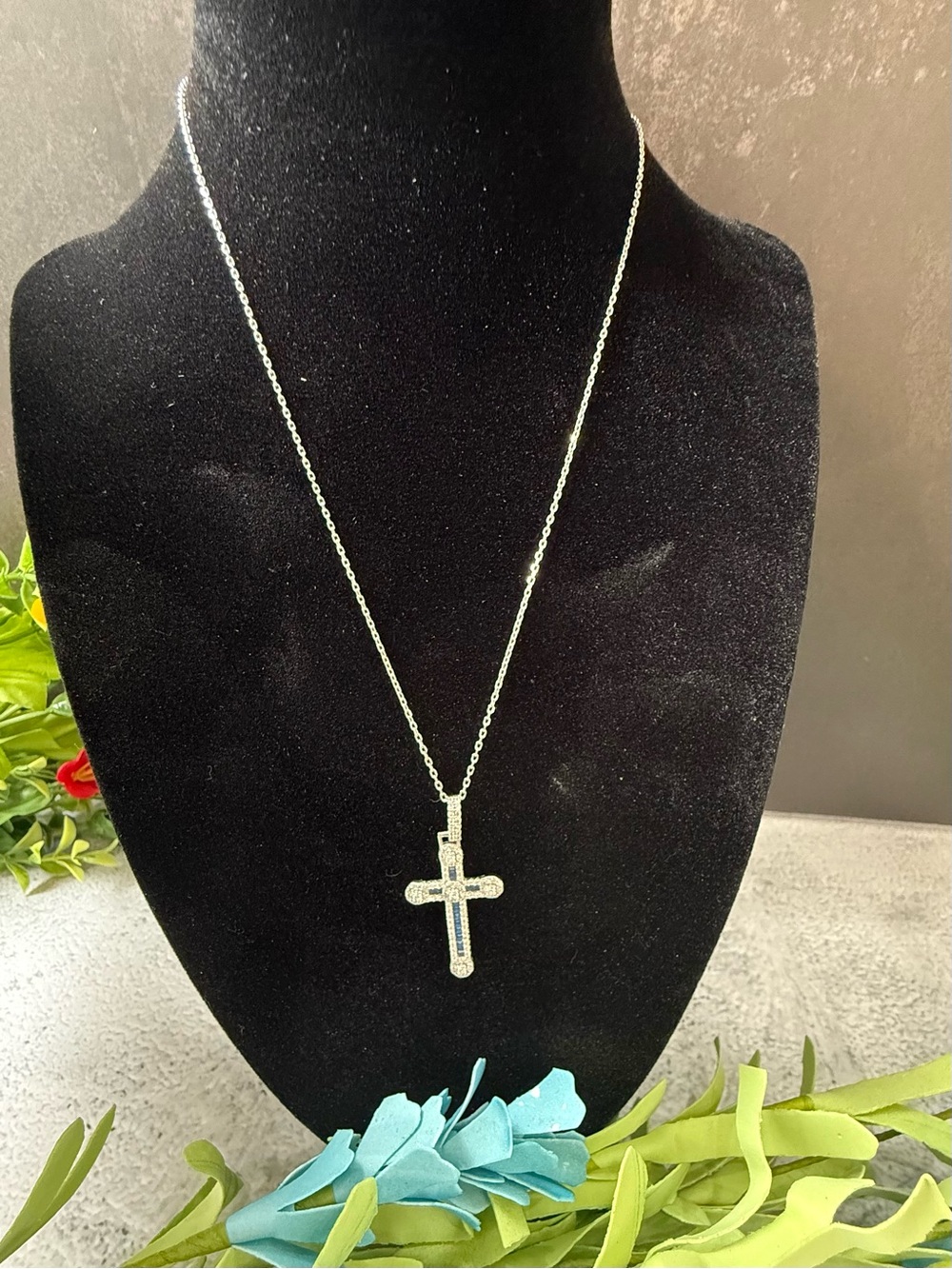 925 Sterling Silver Cross Necklace with blue created sapphire and Clear Stones
